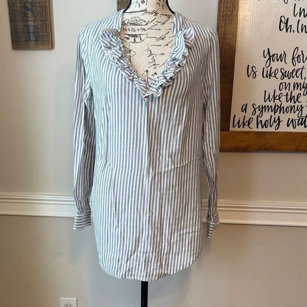 Aerie Blue Stripe Ruffle V Neck Long Sleeve Tunic Top